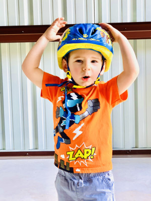 Getting ready to get on his bike!