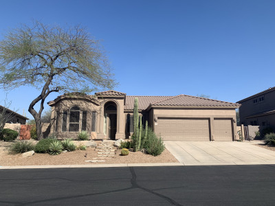 The front of our home. We love the mature tree.
