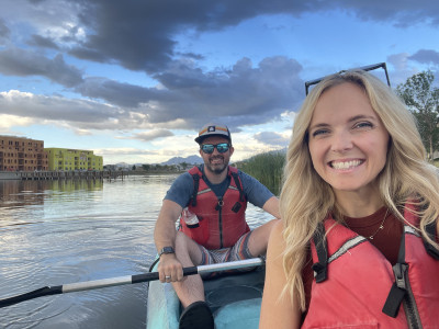 Kayaking on the lake in our neighborhood.