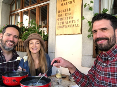 We love eating Swiss cheese fondue with our friends and family