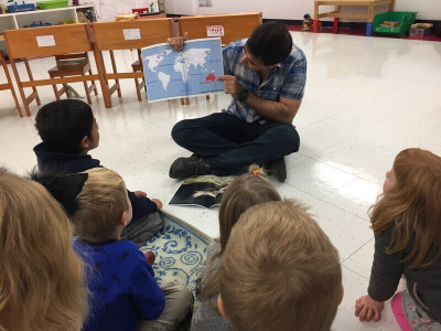 Rudolph, visiting one of Kaye's classrooms to teach a lesson about Australia.