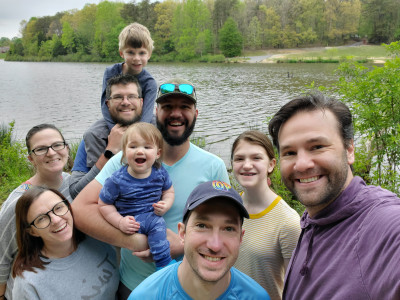 Hosting David's brother's families at our place: Middle brother, Michael, with his son, Evan (on shoulders), wife, Jenn, and daughter, Natalie (in yellow). Youngest brother, Stephen (with the hat) holding his daughter, Alexandra, next to wife, Leslie