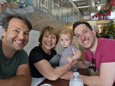 Dada (David), Henry, and Baba (Jim) having lunch with Yiayia (Jim's mom)
